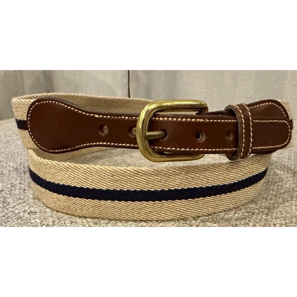Vintage Wool Surcingle Belt Khaki Navy Stripe Leather Brass Size 42 made in USA